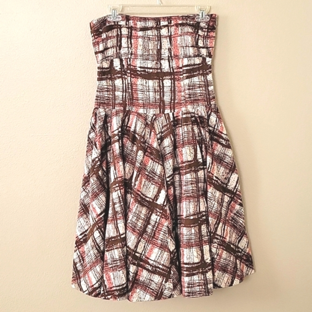 Elevenses Anthropologie Pink Brown Chic Abstract Plaid Cotton Strapless Dress